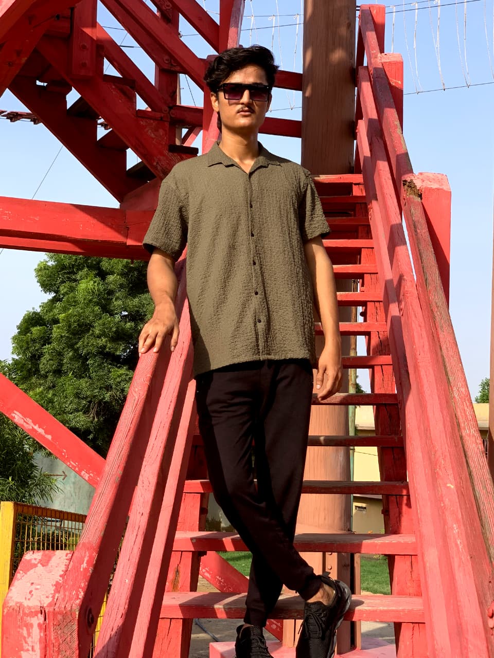 Green Crinkle Cotton Shirt | Modern Textured Style for Men | Zarwaad