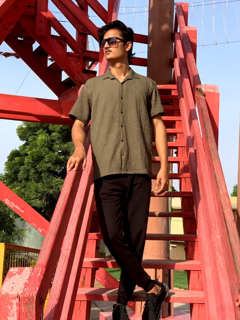 Green Crinkle Cotton Shirt | Modern Textured Style for Men | Zarwaad