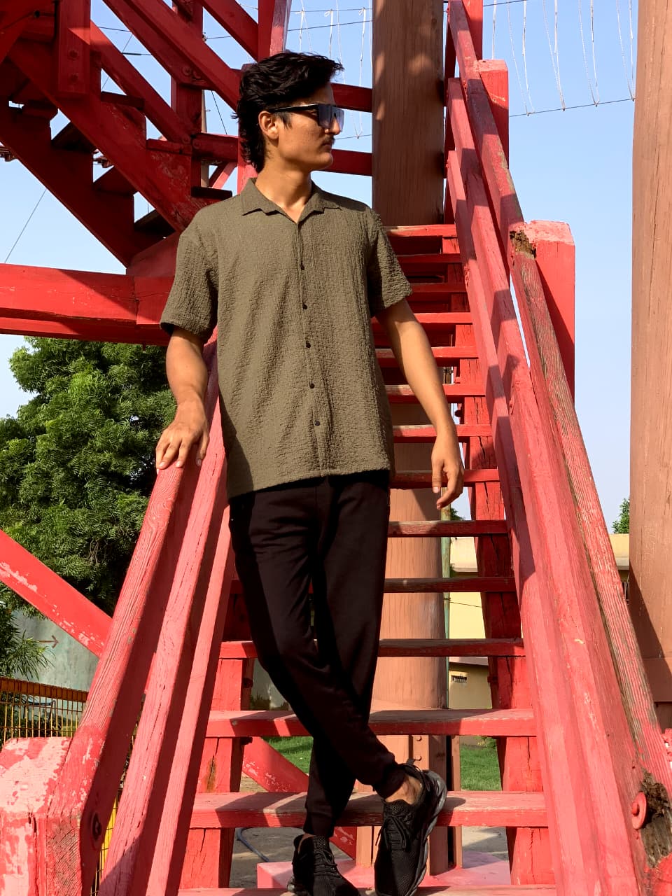 Green Crinkle Cotton Shirt | Modern Textured Style for Men | Zarwaad