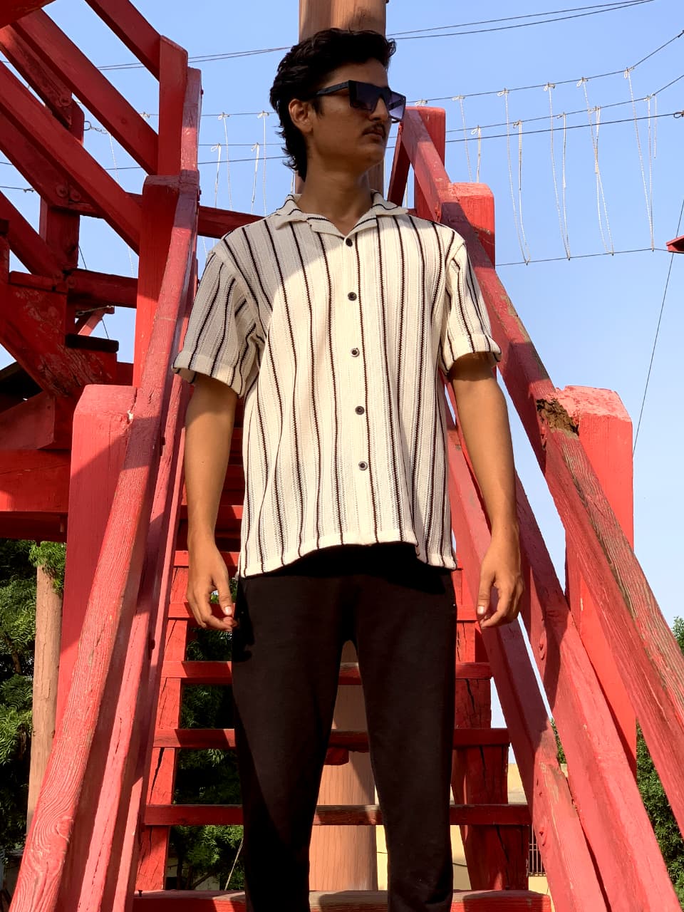 White Crinkle Cotton Shirt with Black Lines | Classic Minimalist Design | Zarwaad