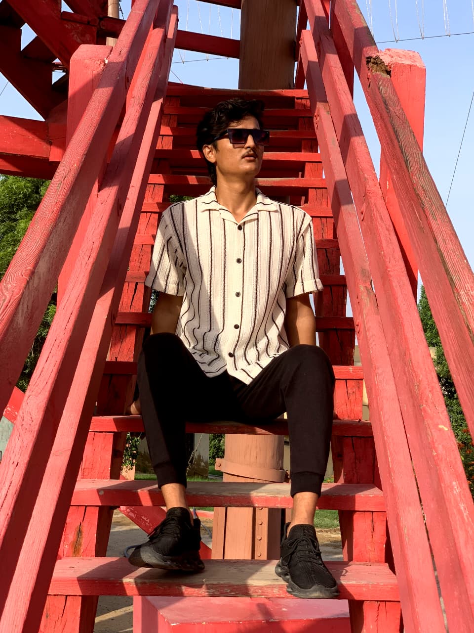 White Crinkle Cotton Shirt with Black Lines | Classic Minimalist Design | Zarwaad