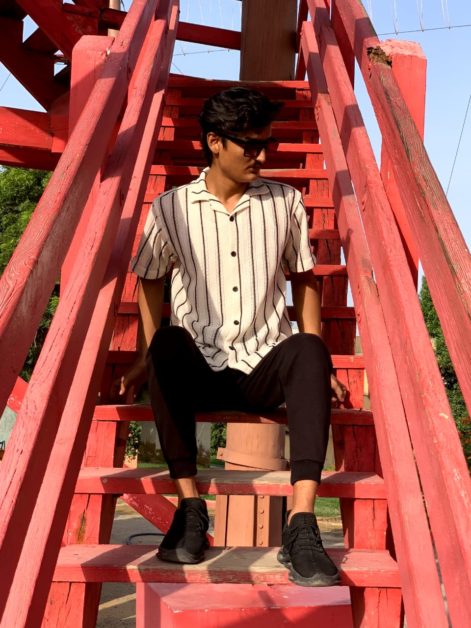 White Crinkle Cotton Shirt with Black Lines | Classic Minimalist Design | Zarwaad